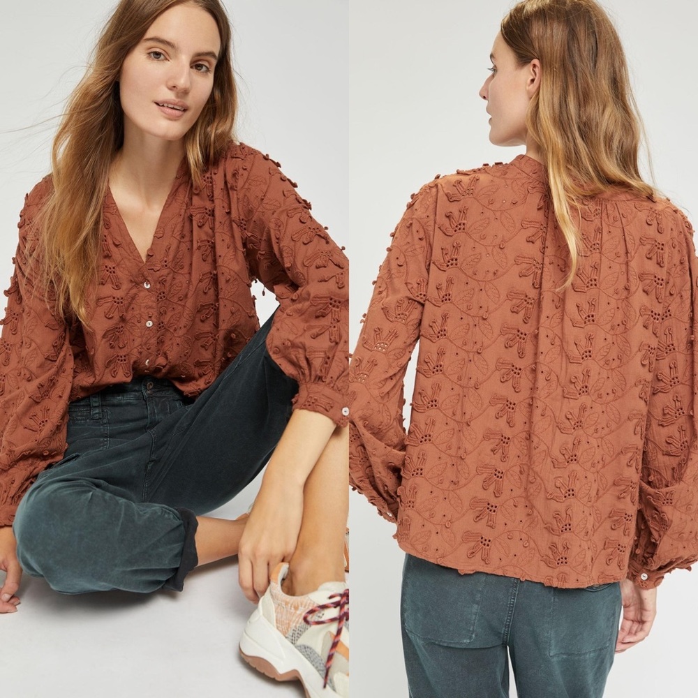 Anthropologie Rust Eyelet Button-Front Blouse